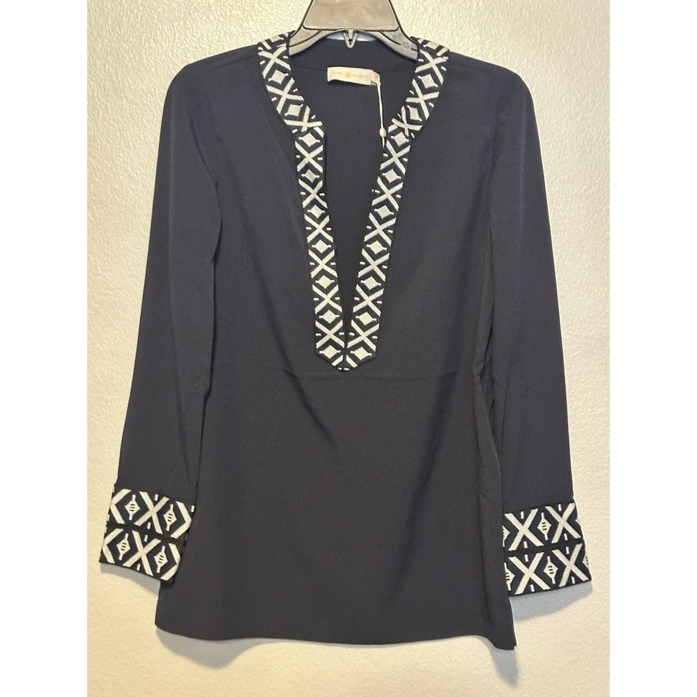 NWT $295 TORY BURCH Ariana‎ Tunic w/Taping 2 Navy Blue Caftan Resort Lightweight